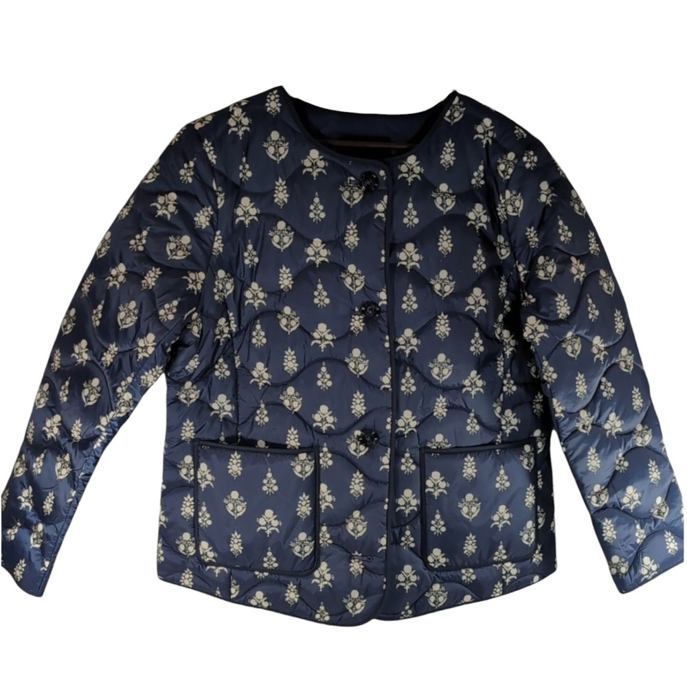 TALBOTS Quilted Collarless Jacket in Ditsey Foulard Navy/White Size 1X - Picture 4 of 12
